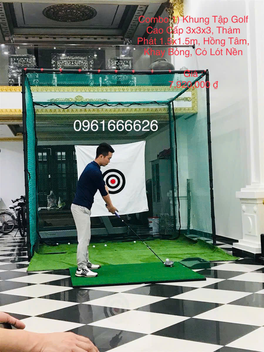 SIÊU HẤP DẪN  Combo 1) Khung Tập Golf Cao Cấp 3x3x3, Thảm Phát 1.5x1.5m, Hồng Tâm, Khay Bóng, Cỏ Lót Nền