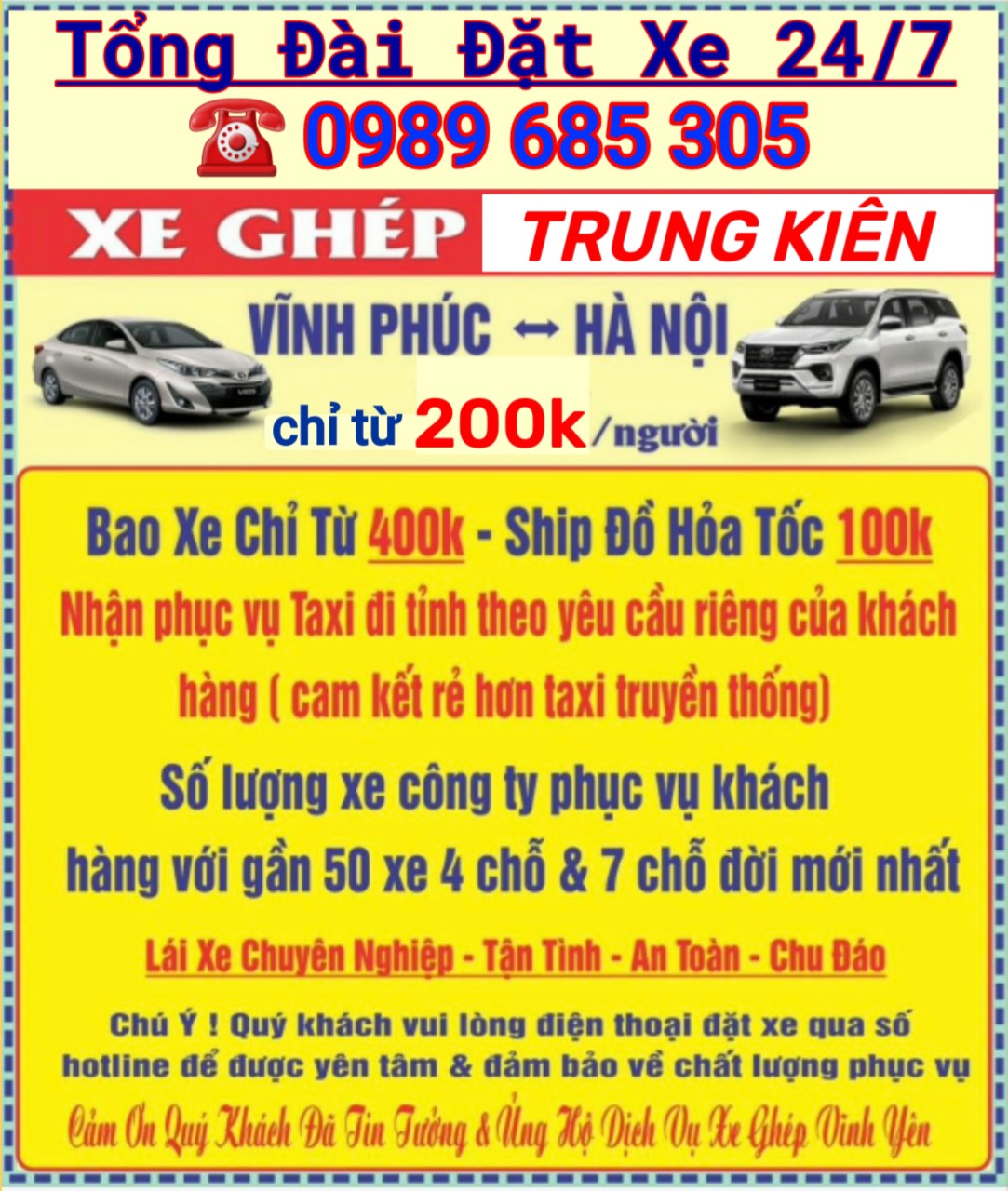 TỔNG ĐÀI ĐẶT XE 24/7 -0989685305 -XE GHÉP TRUNG KIÊN VĨNH PHÚC - HÀ NỘI CHỈ TỪ 200K/NGƯỜI